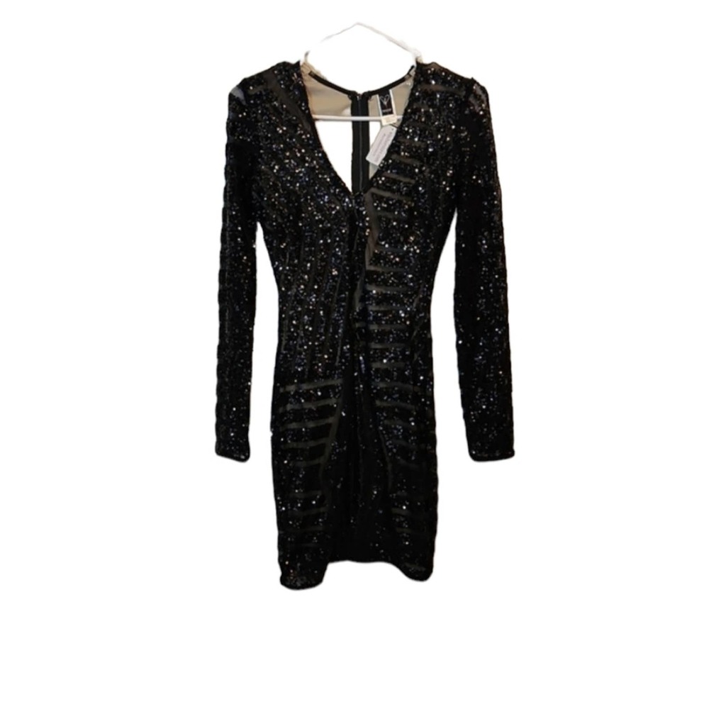 Windsor Black Sequin Long Sleeve V-neck Bodycon Dress Size SM